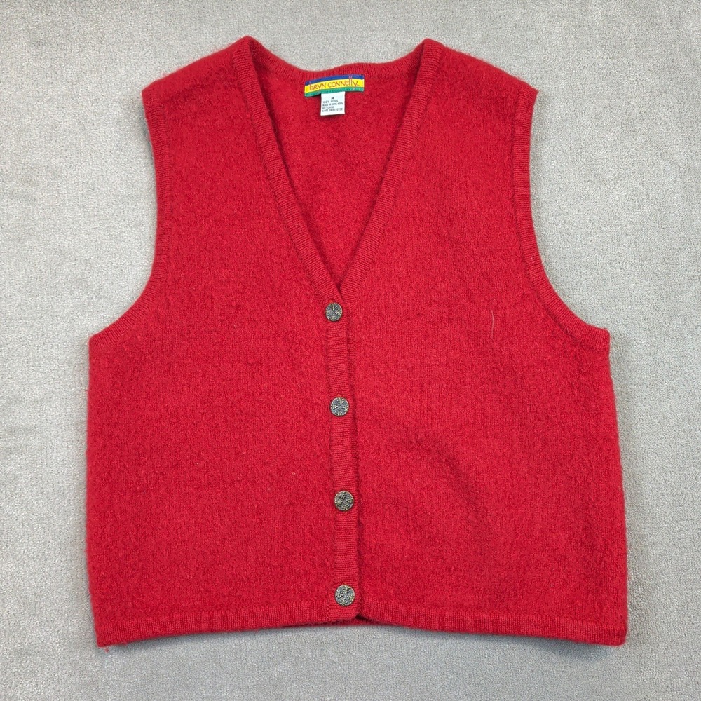 Vintage Bryn Connelly Vest Womens Medium Red 100% Wool Button Front Knit V-Neck